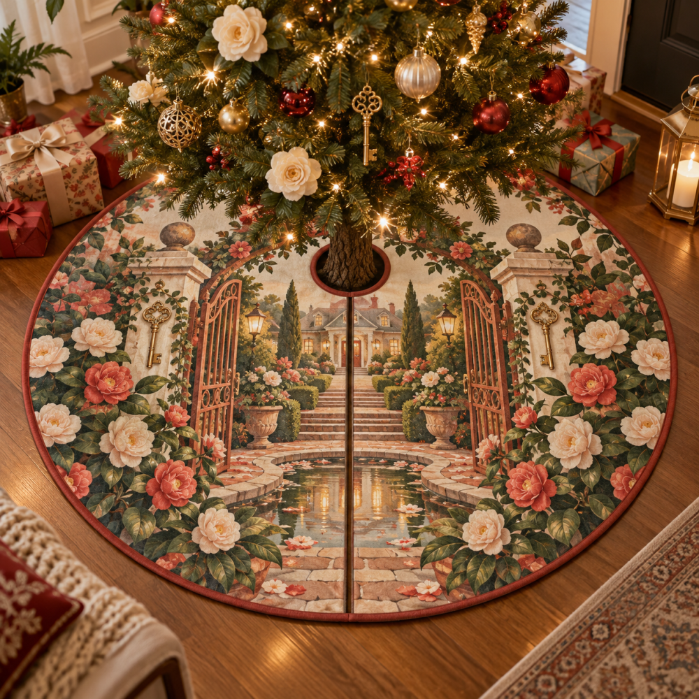 Camellia Hearthgate Luxury Tree Skirt — Hearthside Floral Christmas Tree Skirt, Plush Velvet Look With Elegant Embroidery For Holiday Homes