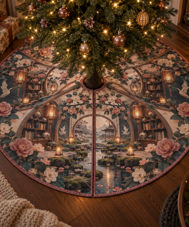 Camellia Whispering Lantern Holiday Tree Skirt — Whisper-Soft Floral Christmas Tree Skirt With Detailed Embroidery, Cozy Seasonal Decor