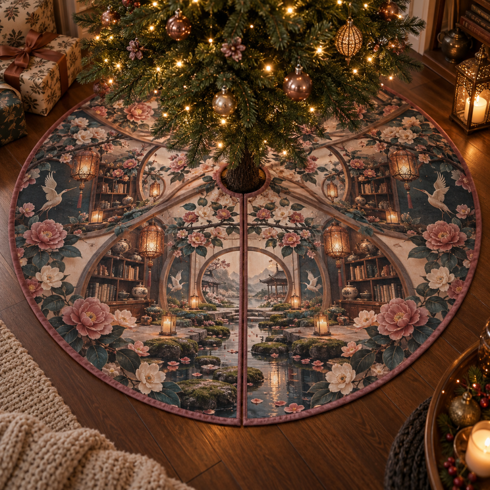 Camellia Whispering Lantern Holiday Tree Skirt — Whisper-Soft Floral Christmas Tree Skirt With Detailed Embroidery, Cozy Seasonal Decor