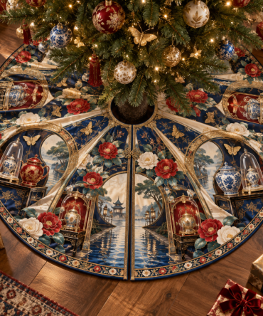 Camellia Porcelain Cabinet Christmas Tree Skirt — Delicate Floral Embroidered Tree Skirt, Timeless Holiday Accent For Mantel & Tree Base