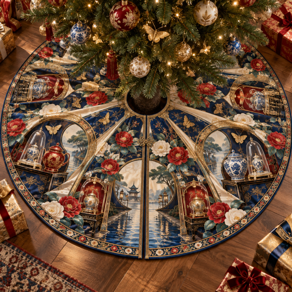 Camellia Porcelain Cabinet Christmas Tree Skirt — Delicate Floral Embroidered Tree Skirt, Timeless Holiday Accent For Mantel & Tree Base