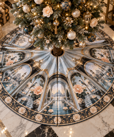 Camellia Floating Gallery Decorative Tree Skirt — Modern Art-Inspired Christmas Tree Skirt, Soft Luxe Fabric, Statement Holiday Decor