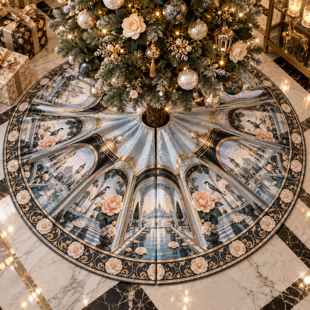 Camellia Floating Gallery Decorative Tree Skirt — Modern Art-Inspired Christmas Tree Skirt, Soft Luxe Fabric, Statement Holiday Decor