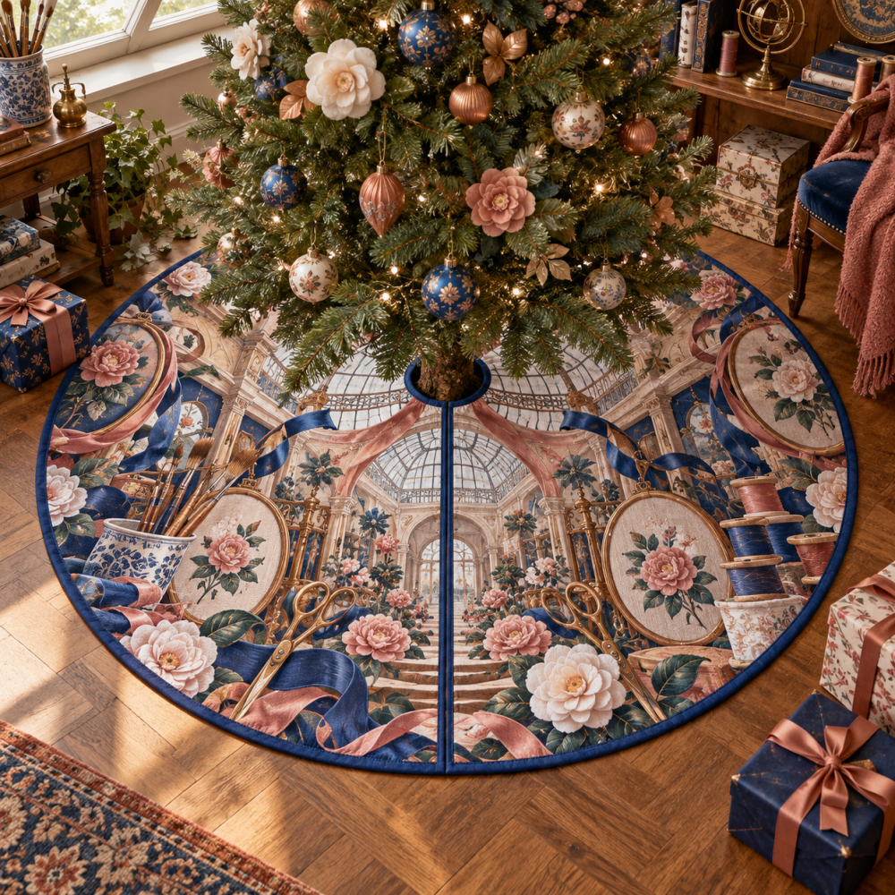Camellia Maker Atelier Christmas Tree Skirt — Artisan-Inspired Floral Tree Skirt, Premium Fabric, Ideal For Holiday Decorating & Gifts