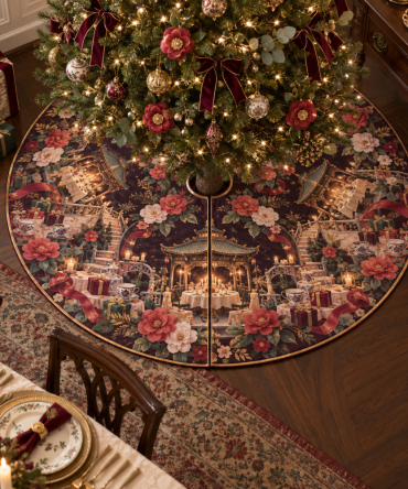 Camellia Gracious Supper Holiday Tree Skirt — Elegant Floral Christmas Tree Skirt, Soft Velvet With Intricate Embroidery, Gift-Ready