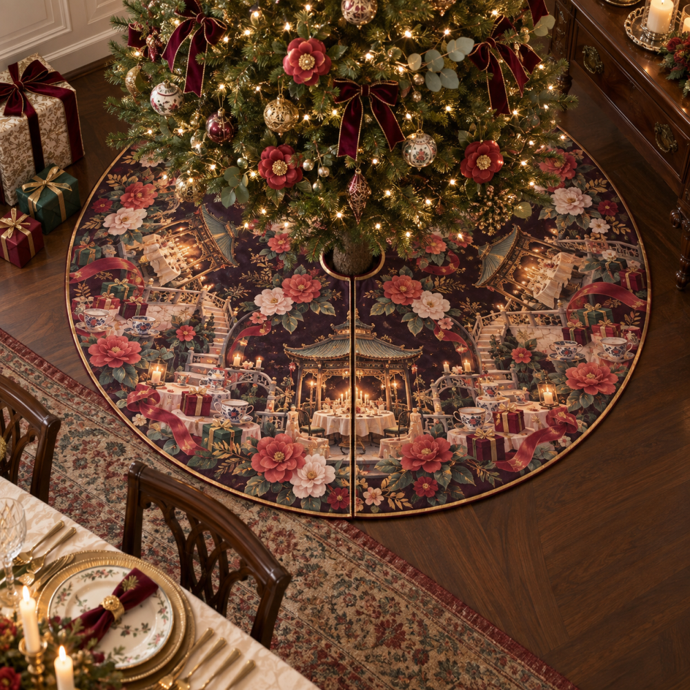 Camellia Gracious Supper Holiday Tree Skirt — Elegant Floral Christmas Tree Skirt, Soft Velvet With Intricate Embroidery, Gift-Ready
