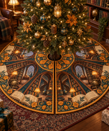 Marigold Lanternleaf Library Christmas Tree Skirt — Classic Bookish Holiday Tree Skirt, Embroidered Floral Accent For Mantel