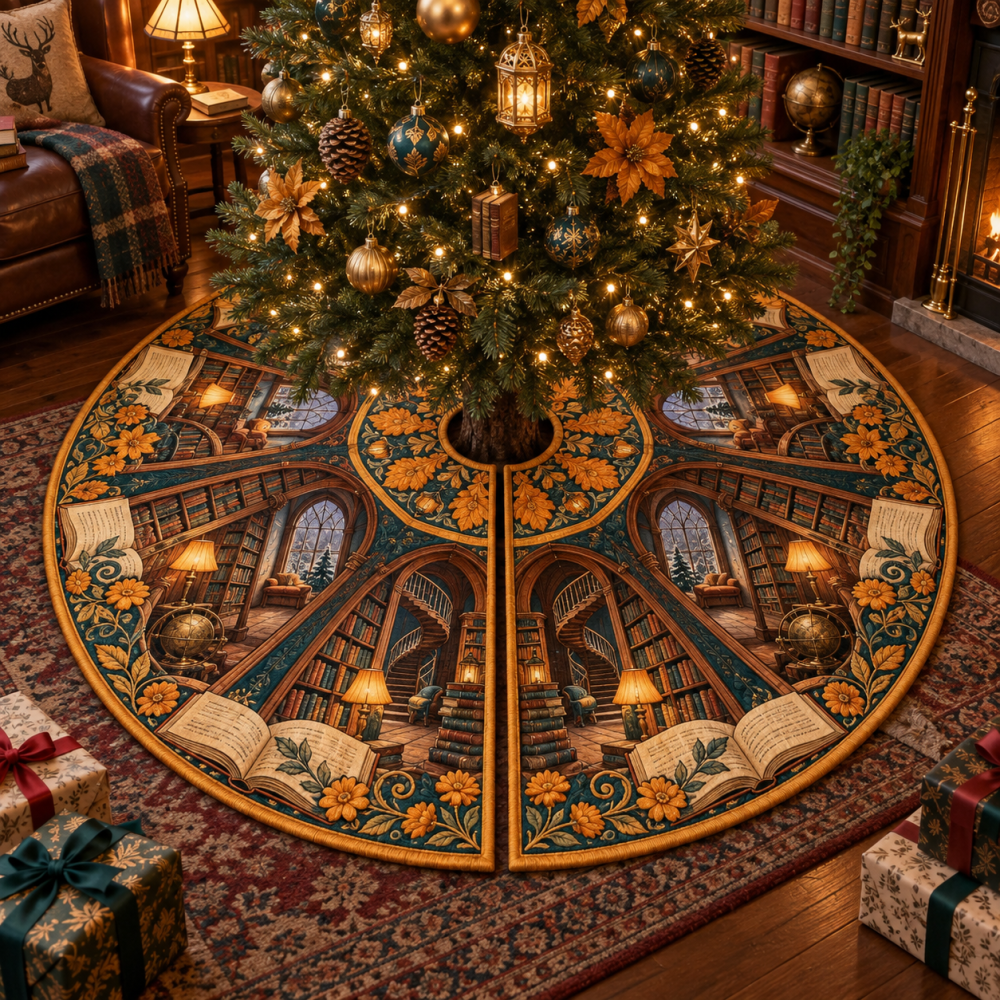 Marigold Lanternleaf Library Christmas Tree Skirt — Classic Bookish Holiday Tree Skirt, Embroidered Floral Accent For Mantel