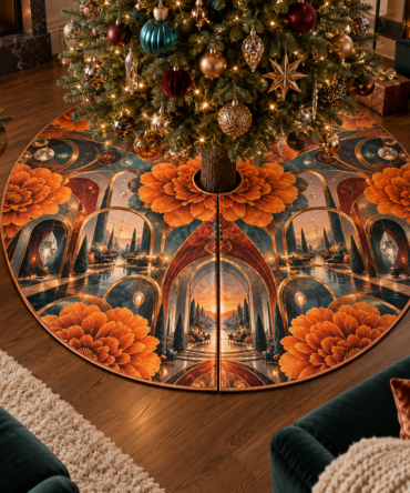 Marigold Prism Holiday Tree Skirt — Premium Floral Christmas Tree Skirt, Velvet Embroidered Accent For Home Decor