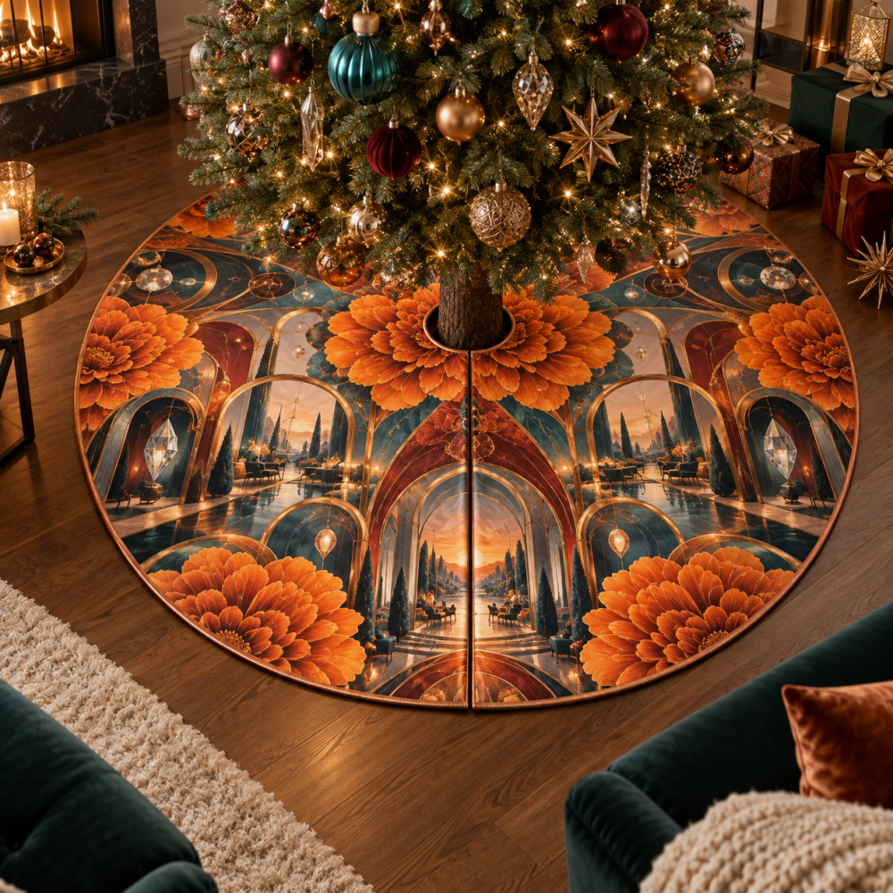 Marigold Prism Holiday Tree Skirt — Premium Floral Christmas Tree Skirt, Velvet Embroidered Accent For Home Decor