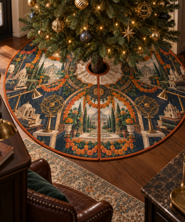 Marigold Meridian Studio Signature Tree Skirt — Bold Marigold Designer Christmas Tree Skirt With Contemporary Stitching For Studio, Gallery And Modern Homes