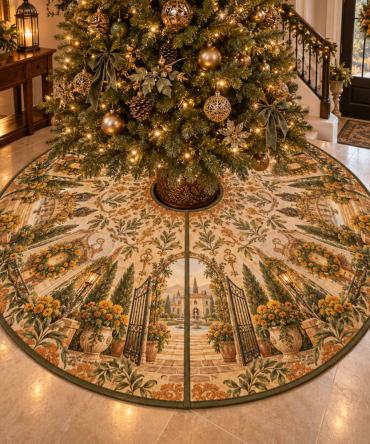 Marigold Hearthkey Courtyard Classic Tree Skirt — Timeless Marigold Embroidered Christmas Tree Skirt For Hearths, Courtyards And Classic Holiday Settings