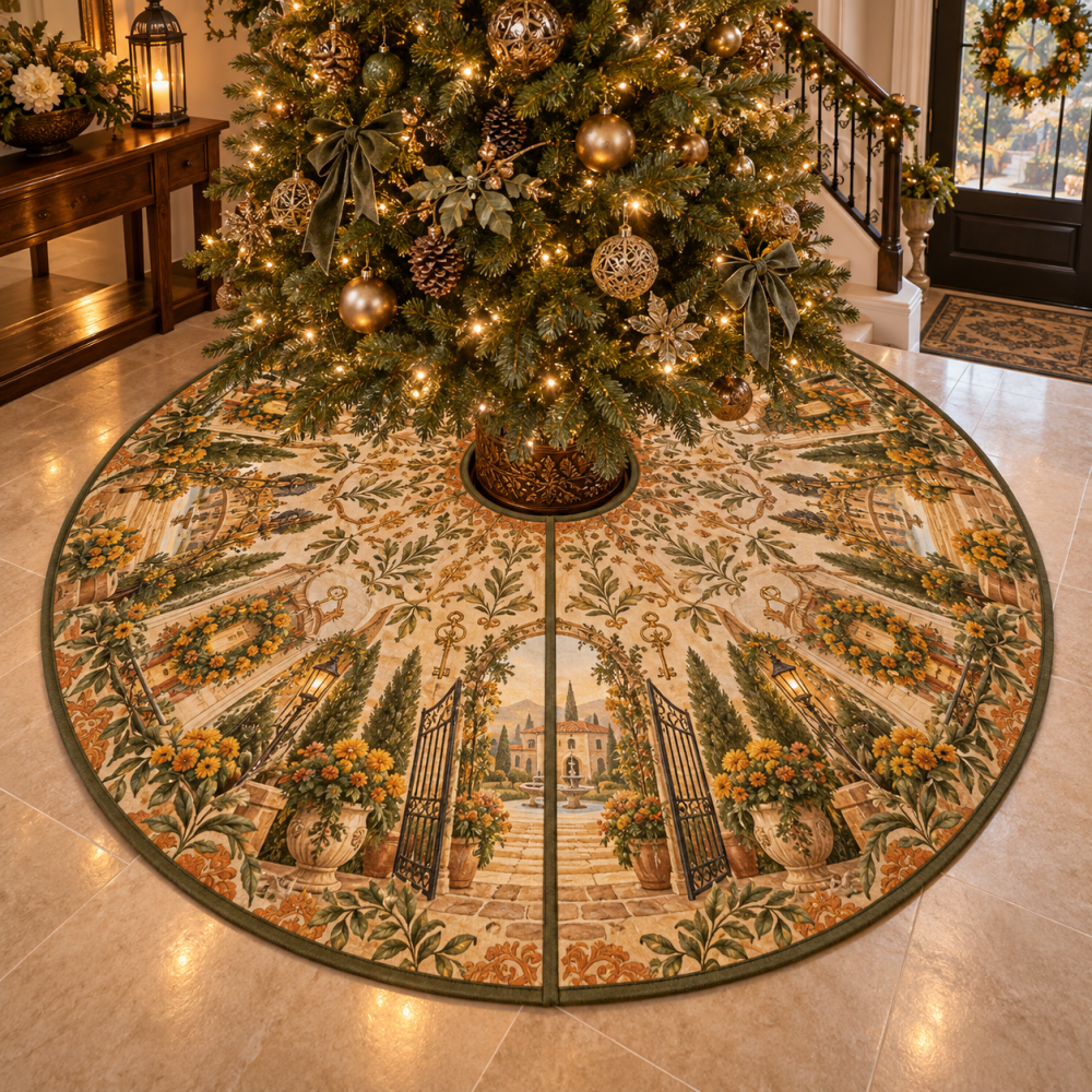 Marigold Hearthkey Courtyard Classic Tree Skirt — Timeless Marigold Embroidered Christmas Tree Skirt For Hearths, Courtyards And Classic Holiday Settings