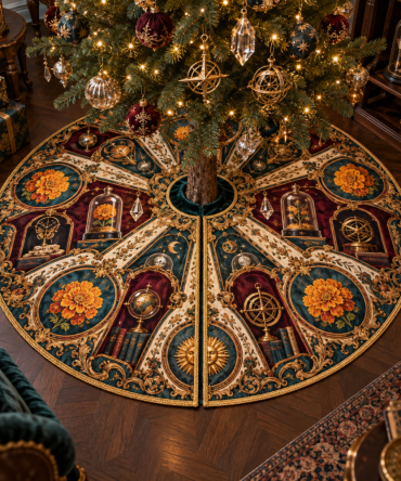 Marigold Gilded Curio Jubilee Opulent Tree Skirt — Embroidered Gold-Accent Holiday Skirt For Curio-Style Mantels And Celebratory Seasonal Displays