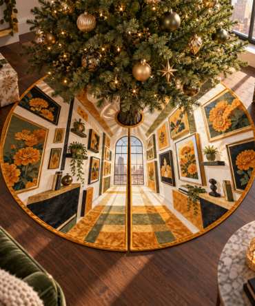 Velvet Frame Loft Luxe Tree Skirt — Marigold Velvet Christmas Tree Skirt With Framed Stitching And Plush Finish For Lofts And Modern Living Spaces