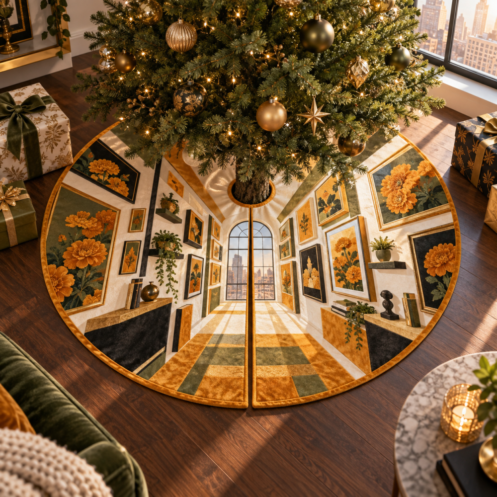 Velvet Frame Loft Luxe Tree Skirt — Marigold Velvet Christmas Tree Skirt With Framed Stitching And Plush Finish For Lofts And Modern Living Spaces