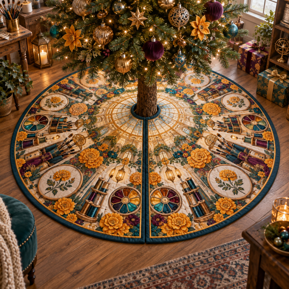 Marigold Prismcraft Atelier Designer Tree Skirt — Artisan-Crafted Colorful Christmas Tree Skirt With Prism Accents For Creative Studio And Atelier Displays
