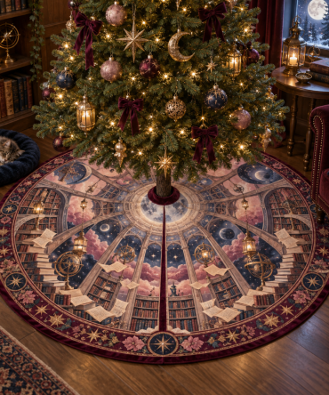 Starleaf Reading Arcade Holiday Tree Skirt — Botanical-Themed Embroidered Christmas Tree Skirt For Cozy Reading Nooks And Library-Style Decor