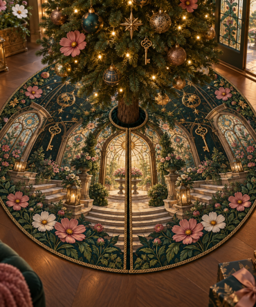 Hearthkey Conservatory Luxury Tree Skirt — Heritage-Inspired Embroidered Christmas Tree Skirt For Conservatory, Sunroom And Formal Hearth Displays