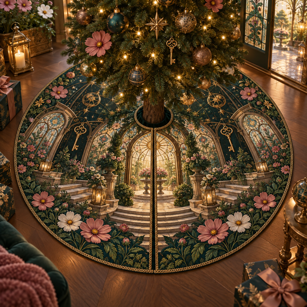 Hearthkey Conservatory Luxury Tree Skirt — Heritage-Inspired Embroidered Christmas Tree Skirt For Conservatory, Sunroom And Formal Hearth Displays