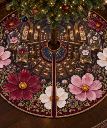 Curator'S Reliquary Luxury Birthday & Holiday Tree Skirt — Ornate Embroidered Christmas Tree Skirt With Vintage Reliquary Accents For Statement Decor