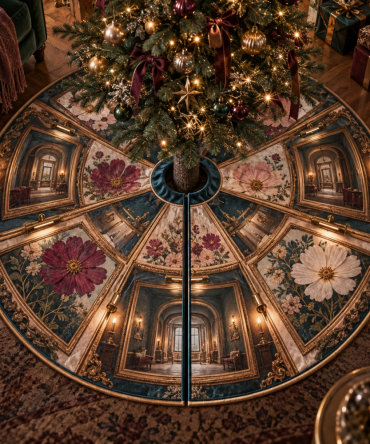 Opulent Cosmos Floating Salon Holiday Tree Skirt — Luxury Embroidered Christmas Tree Skirt In Plush Velvet For Elegant Living Room Decor, Shop Now
