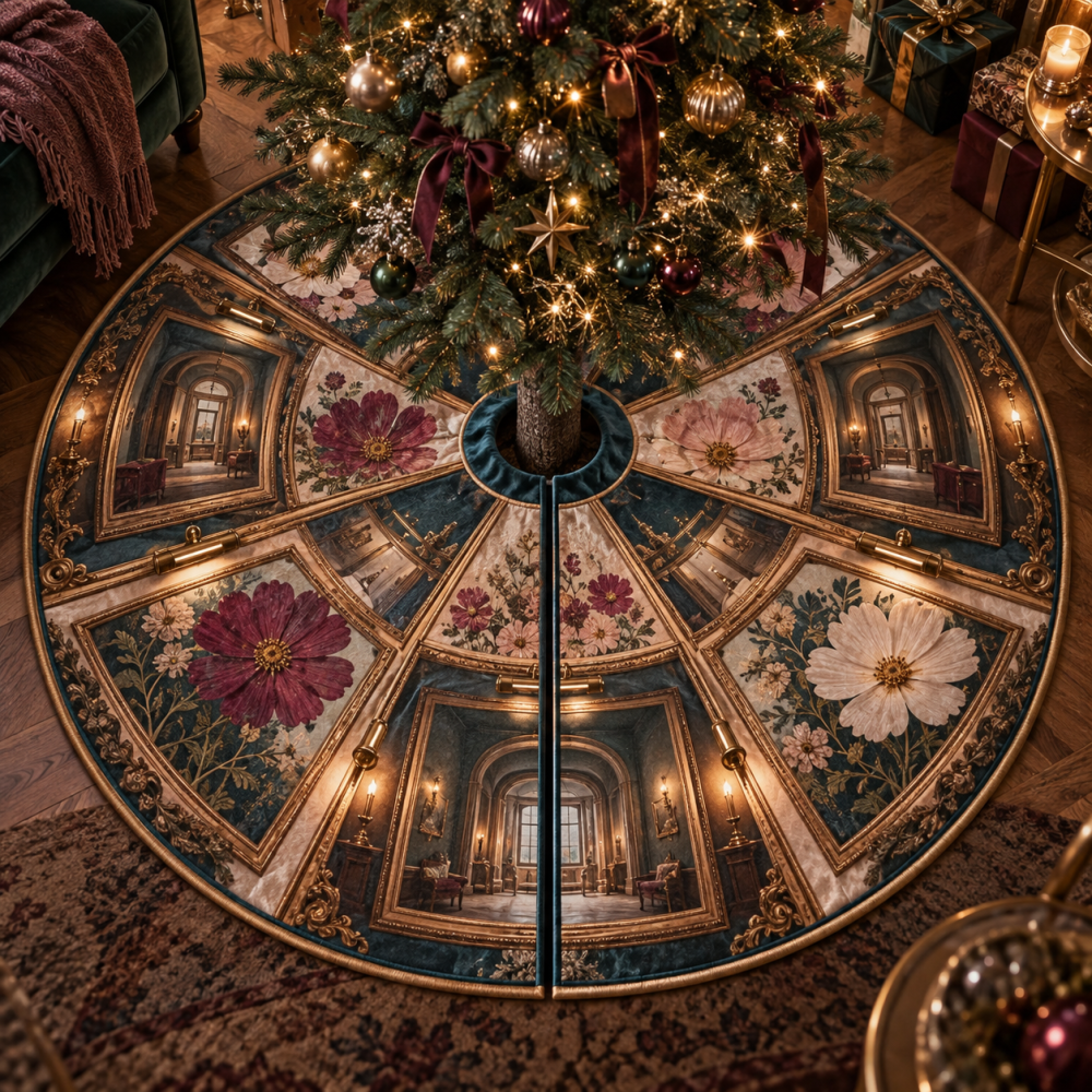 Opulent Cosmos Floating Salon Holiday Tree Skirt — Luxury Embroidered Christmas Tree Skirt In Plush Velvet For Elegant Living Room Decor, Shop Now