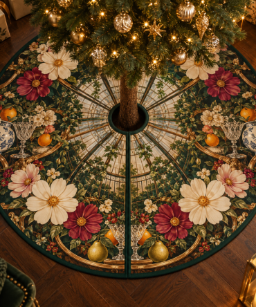 Cosmos Conservatory Tree Skirt — Bold Floral Cosmos Print With Welcome-Style Border, Durable Fabric, Machine-Cleanable Holiday Mat