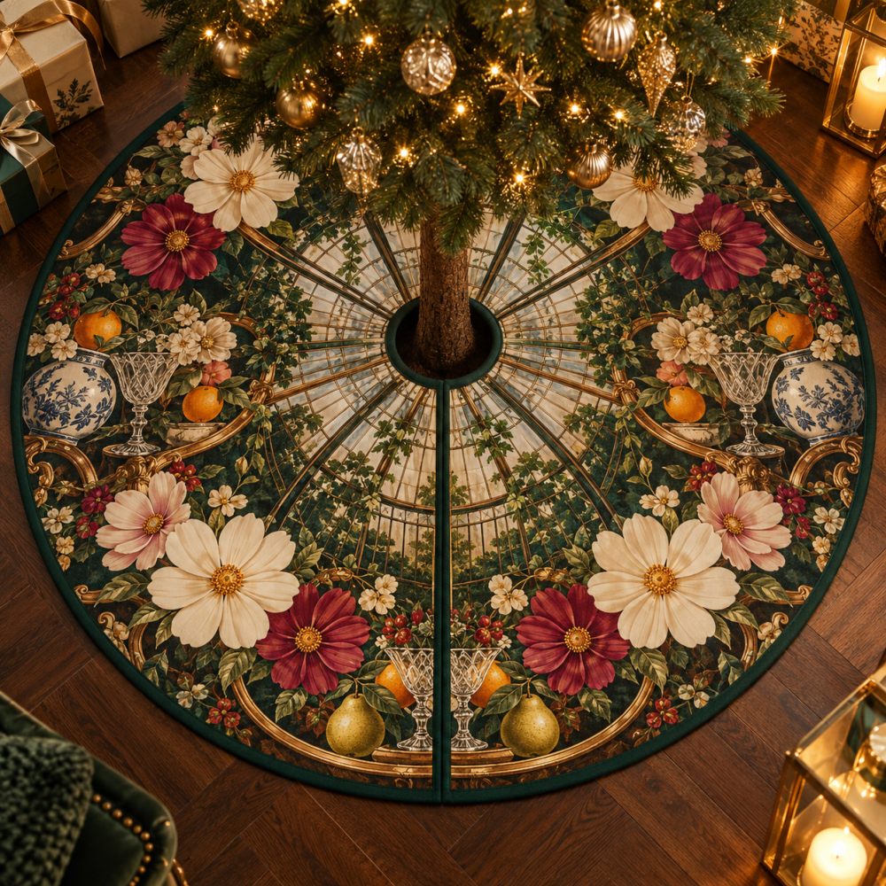 Cosmos Conservatory Tree Skirt — Bold Floral Cosmos Print With Welcome-Style Border, Durable Fabric, Machine-Cleanable Holiday Mat