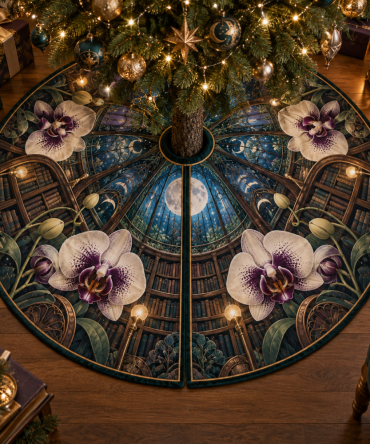 Moonlamp Orchid Library Tree Skirt — Bibliotheca-Inspired Print, Cozy Plush Lining, Reads Like A Story, Custom-Fit Options For Book Lovers
