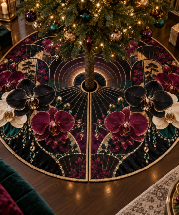 Gilded Orchid Eclipse Tree Skirt — Lux Boudoir Style With Gold Foil, Velvet Backing, Limited Edition Holiday Luxury Accent