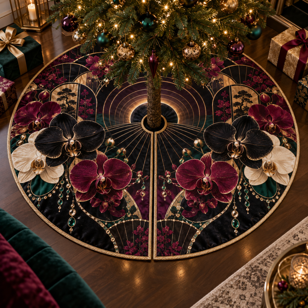 Gilded Orchid Eclipse Tree Skirt — Lux Boudoir Style With Gold Foil, Velvet Backing, Limited Edition Holiday Luxury Accent