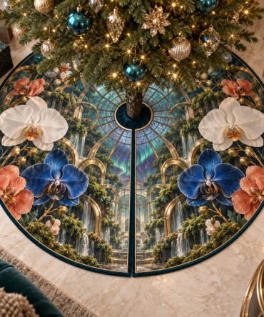 Auroraglass Orchid Salon Tree Skirt — Luminous Atrium Pattern, Iridescent Threadwork, Fully Lined, Premium Holiday Centerpiece