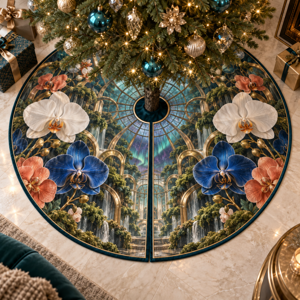 Auroraglass Orchid Salon Tree Skirt — Luminous Atrium Pattern, Iridescent Threadwork, Fully Lined, Premium Holiday Centerpiece