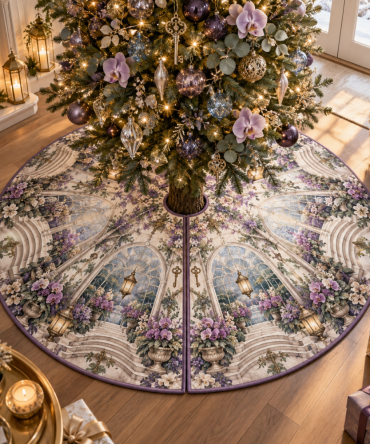 Welcomeglass Orchid Atrium Tree Skirt — Elegant Entryway Accent, Satin Finish With Glasswork Motif, Tailored Fit For Christmas Trees