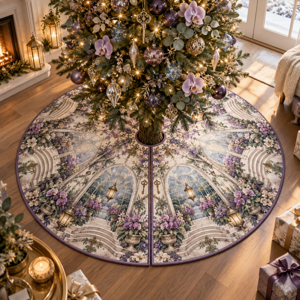 Welcomeglass Orchid Atrium Tree Skirt — Elegant Entryway Accent, Satin Finish With Glasswork Motif, Tailored Fit For Christmas Trees