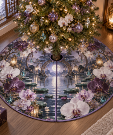 Moonlit Orchid Stillwater Tree Skirt — Serene Nightscape Design, Soft Faux Fur Trim, Heavy-Duty Backing, Custom Sizing