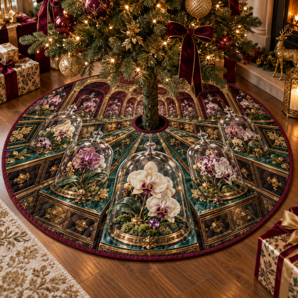 Curated Orchid Crystal Tree Skirt — Museum-Style Cabinet Pattern, Subtle Sparkle, Heirloom Quality, Made-To-Order Holiday Accent