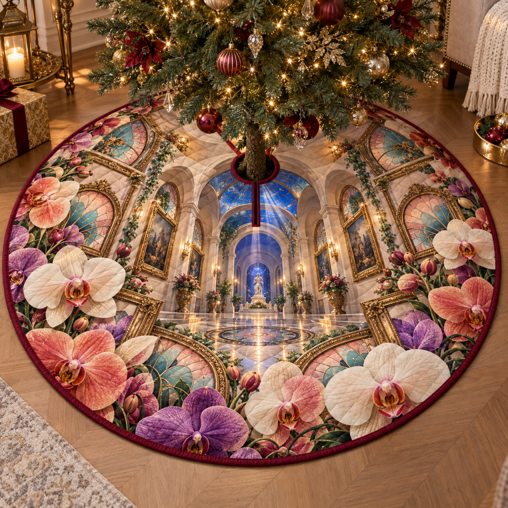 Orchid Prism Gallery Tree Skirt — Vibrant Salon-Inspired Print, Iridescent Accents, Fully Lined, Custom Orders Available