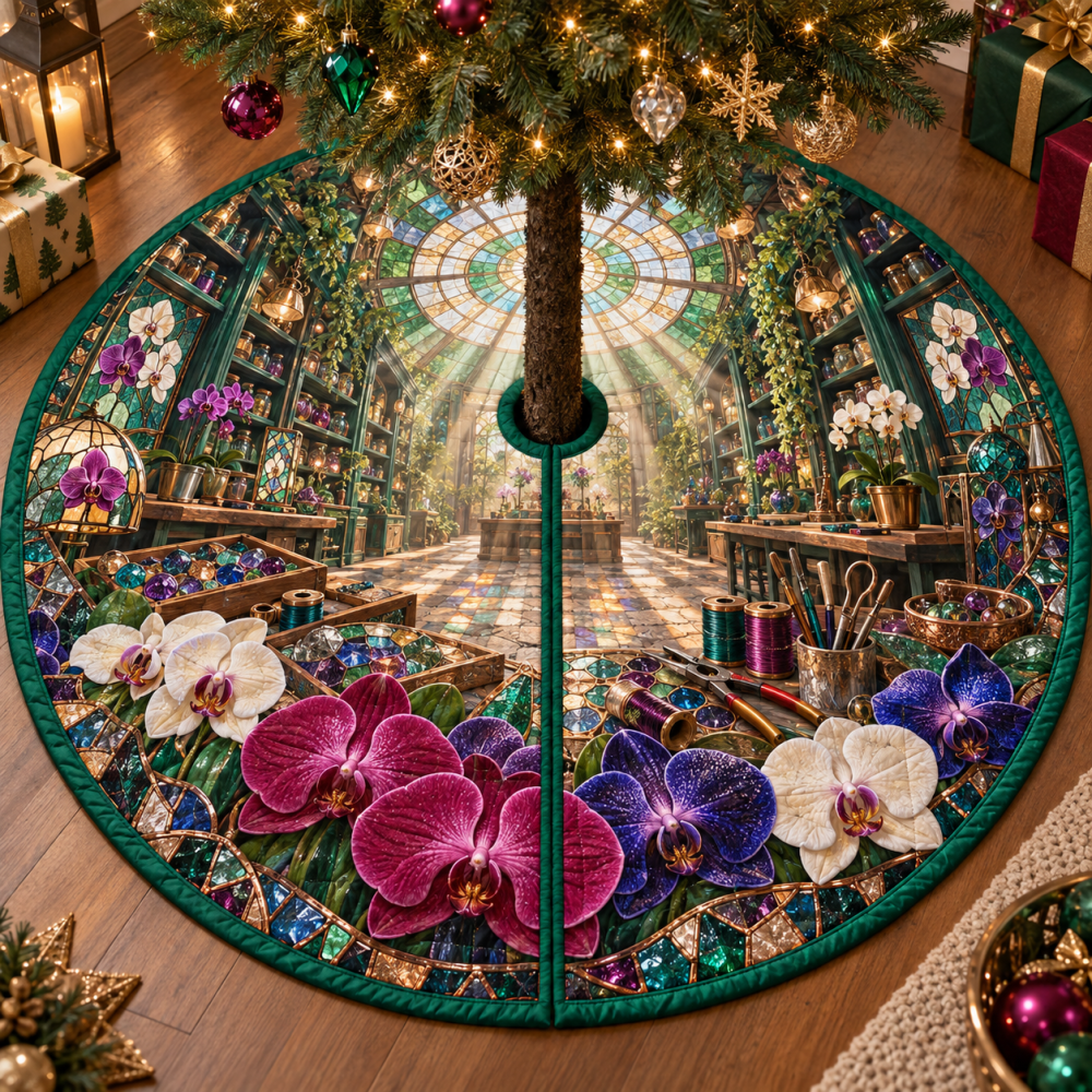 Artisan Orchid Glasswork Tree Skirt — Studio-Inspired Design, Hand-Stitched Details, Durable Backing, Gift-Ready Luxury For Christmas