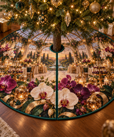 Orchid Gilded Tree Skirt — Elegant Hospitality Pavilion Style, Gold Accents, Luxurious Satin Lining, Custom Sizing For Holidays