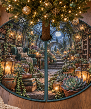 Succulent Lanternleaf Tree Skirt — Botanical Reading Grotto Design, Soft Velvet, Machine-Washable, Custom Fit For Any Tree