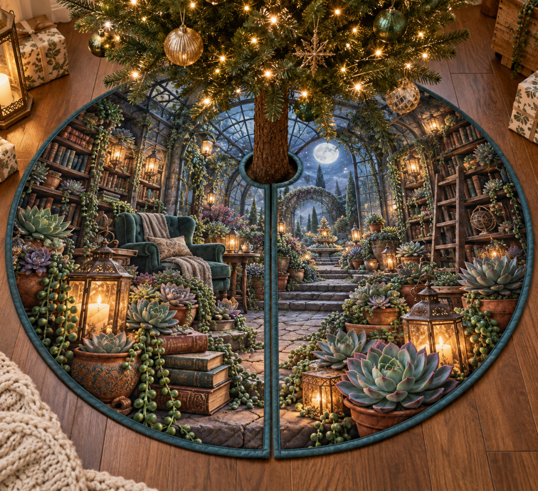 Succulent Lanternleaf Tree Skirt — Botanical Reading Grotto Design, Soft Velvet, Machine-Washable, Custom Fit For Any Tree