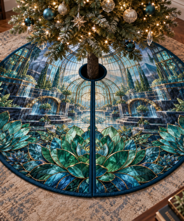 Succulent Meridian Glasswork Tree Skirt — 54In Luxe Velvet With Hand-Quilted Panels, Vintage Glass Motif, Weighted Hem, Holiday Decor