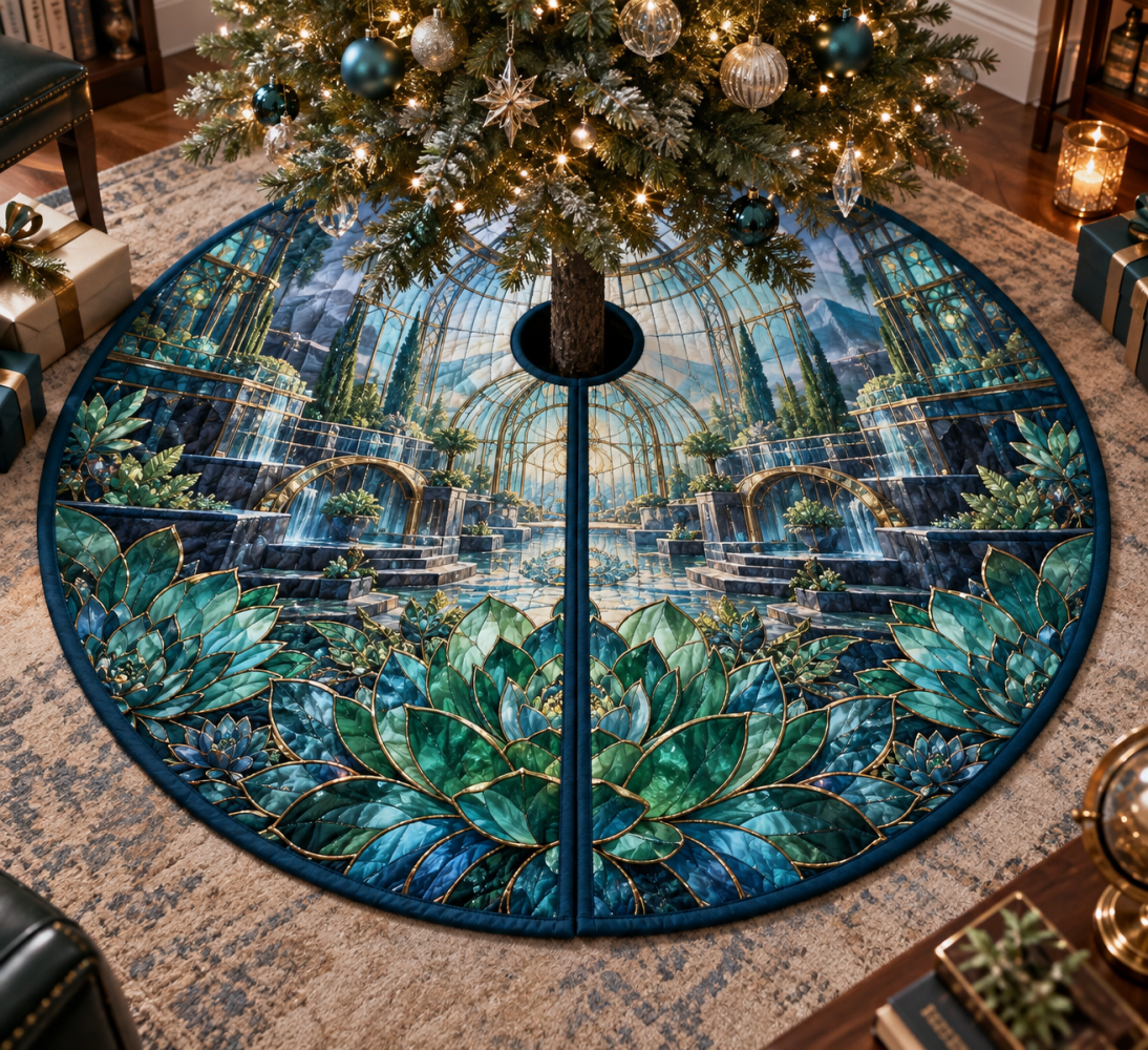 Succulent Meridian Glasswork Tree Skirt — 54In Luxe Velvet With Hand-Quilted Panels, Vintage Glass Motif, Weighted Hem, Holiday Decor
