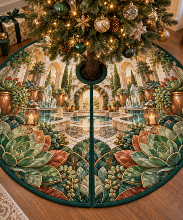 Succulent Crystal Courtyard Tree Skirt — 50In Shimmer Velvet With Succulent Motif, Reversible Sides, Gift-Ready Packaging, Machine-Washable