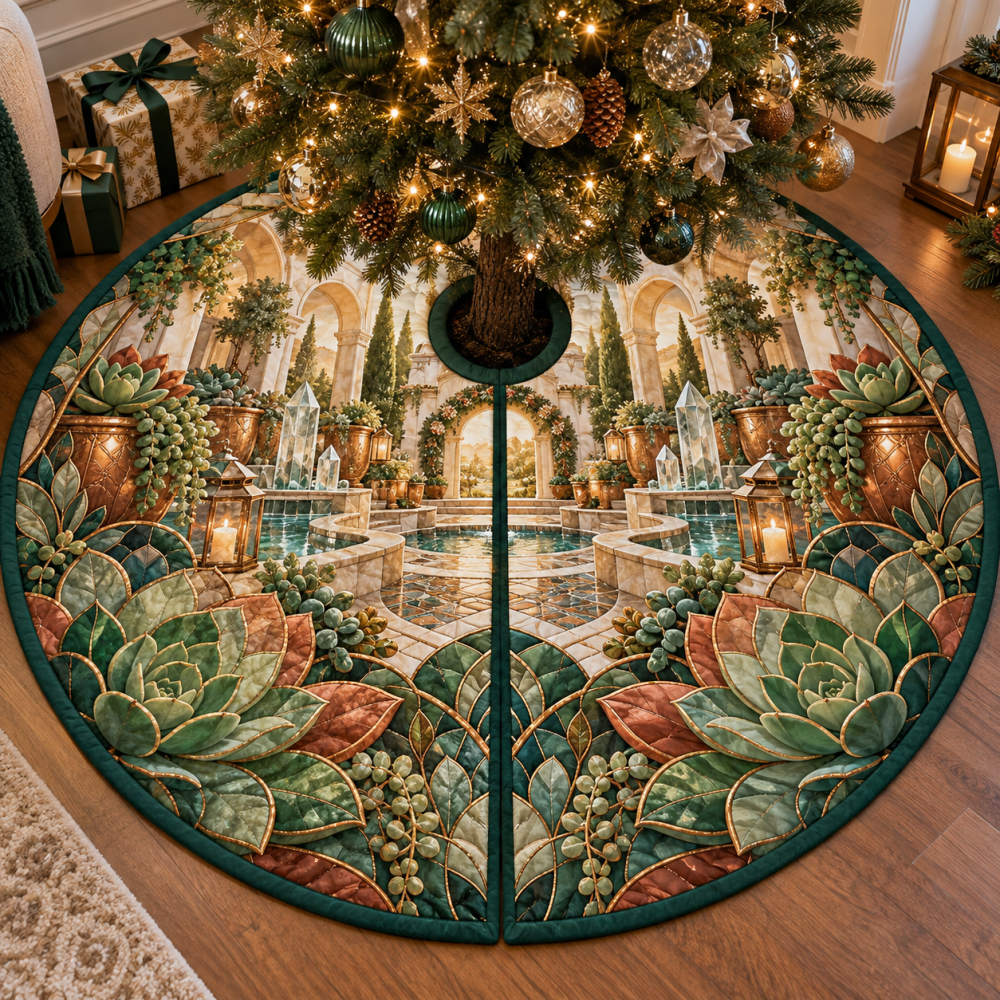 Succulent Crystal Courtyard Tree Skirt — 50In Shimmer Velvet With Succulent Motif, Reversible Sides, Gift-Ready Packaging, Machine-Washable