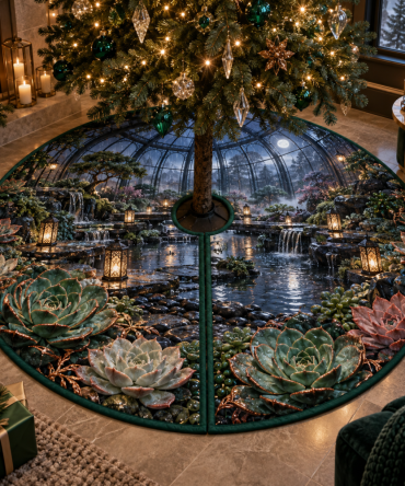 Calm Succulent Raincourt Tree Skirt — 48In Waterproof Backing, Soft Velvet With Muted Succulent Print, Pet-Friendly & Easy Clean