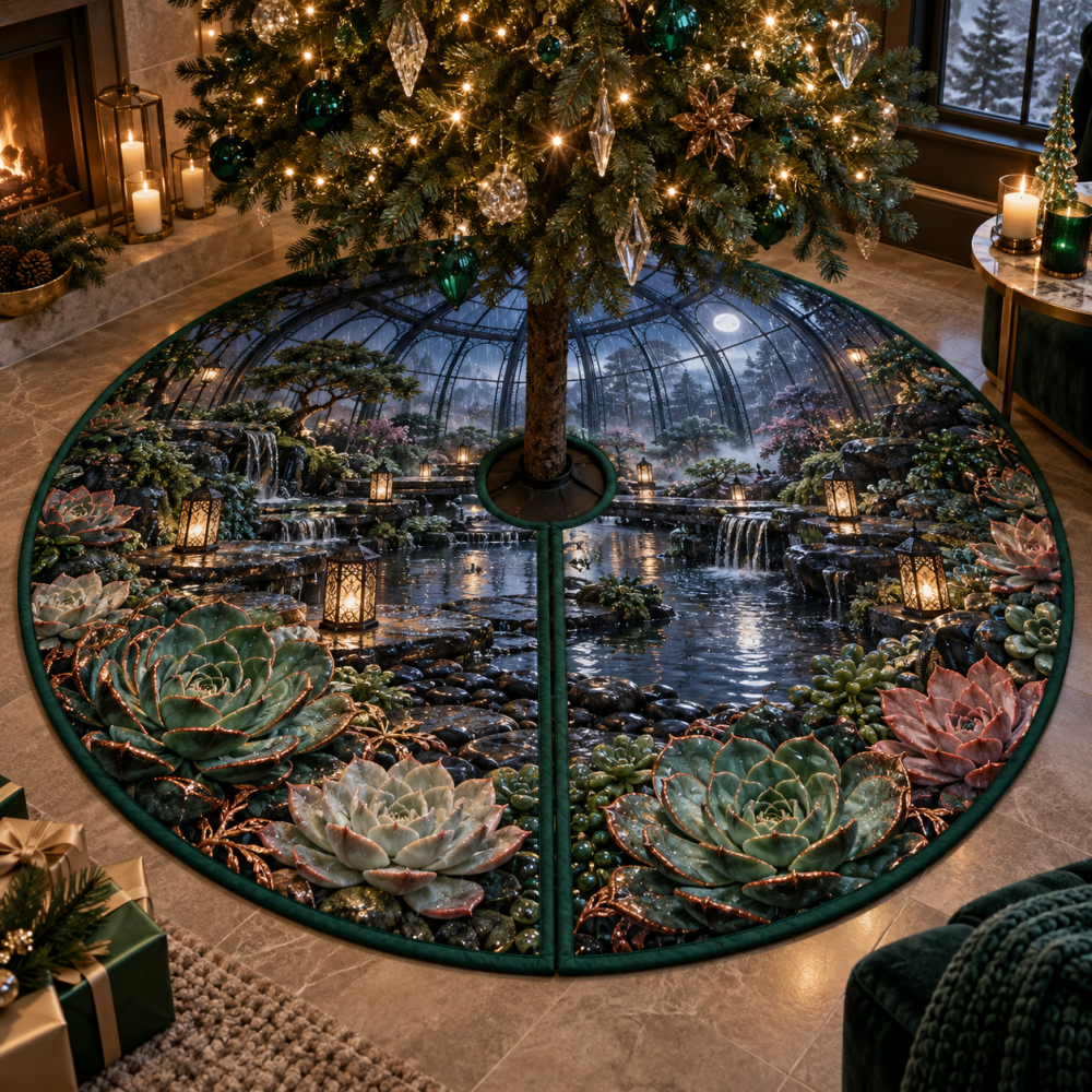 Calm Succulent Raincourt Tree Skirt — 48In Waterproof Backing, Soft Velvet With Muted Succulent Print, Pet-Friendly & Easy Clean