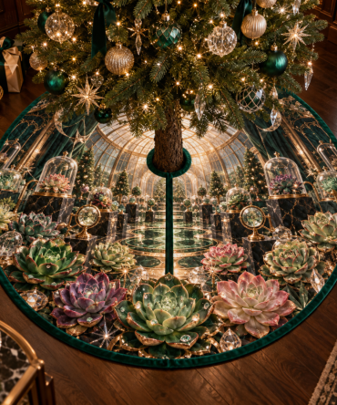 Succulent Jubilee Gem Tree Skirt — 52In Lux Velvet With Jewel Accents, Reversible Print & Weighted Hem For Smooth Drape, Holiday Focal Piece